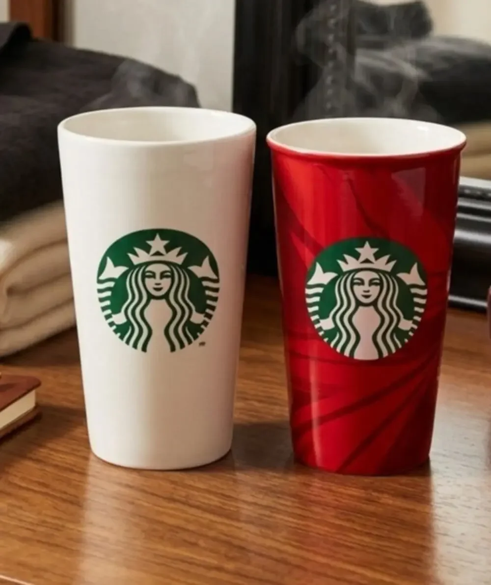 Lot of 2 Starbucks 12 Ounce Ceramic Traverel Mugs Cups NO LIDS Red White